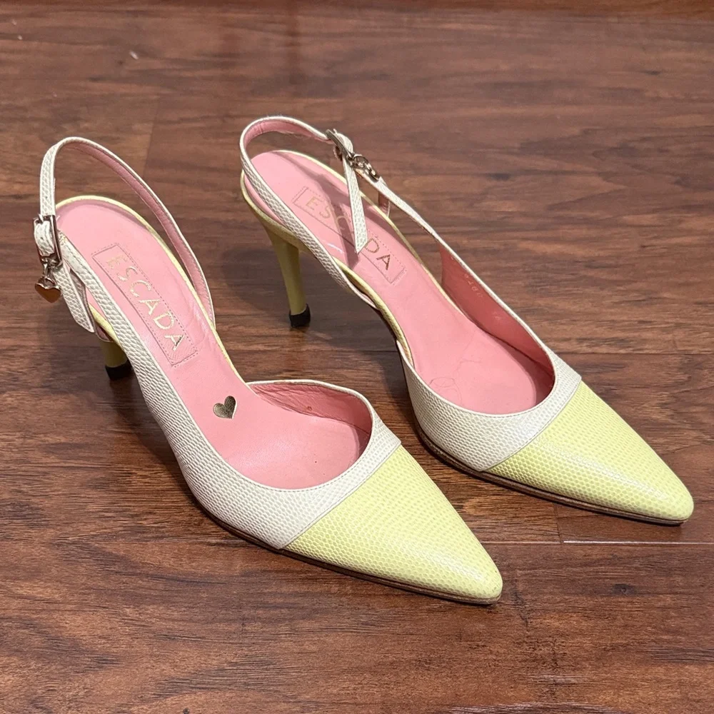 Escada Butter Yellow Slingback Heels Retro Minimalist Quiet Luxury Career